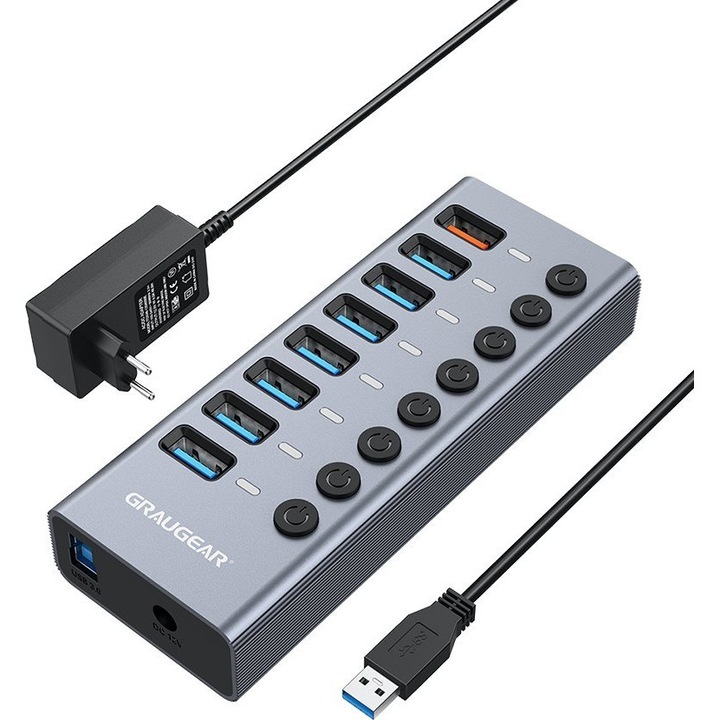 USB-A 3.0 хъб и захранване, Graugear, Алуминий, 7 порта, 5000 Mbit/s, 48W, 12V, 25 x 53 x 135 mm, Сив