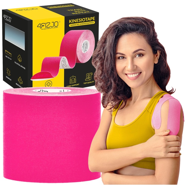 Banda Kinesiologica, Kinesio Tape, pretaiata, impermeabila pentru ameliorarea durerii, 4FIZJO, 7.5cm x 5m, folosita de atleti, sportivi pentru recuperari kinesiologice, Roz