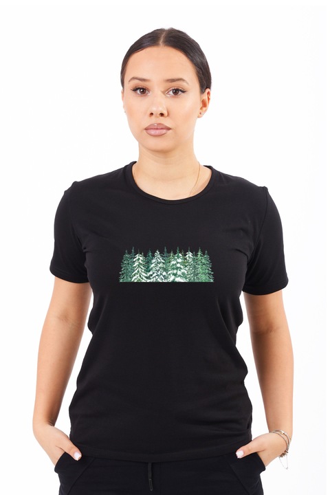 Tricou pentru femei personalizat cu imagine Brazi de craciun, Bumbac, Negru, L