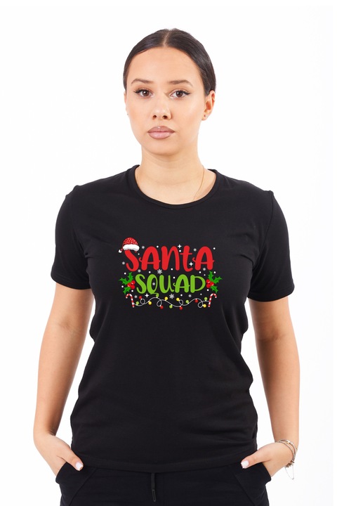 Tricou pentru femei personalizat cu imagine Echipa lui mos craciun, Bumbac, Negru, S
