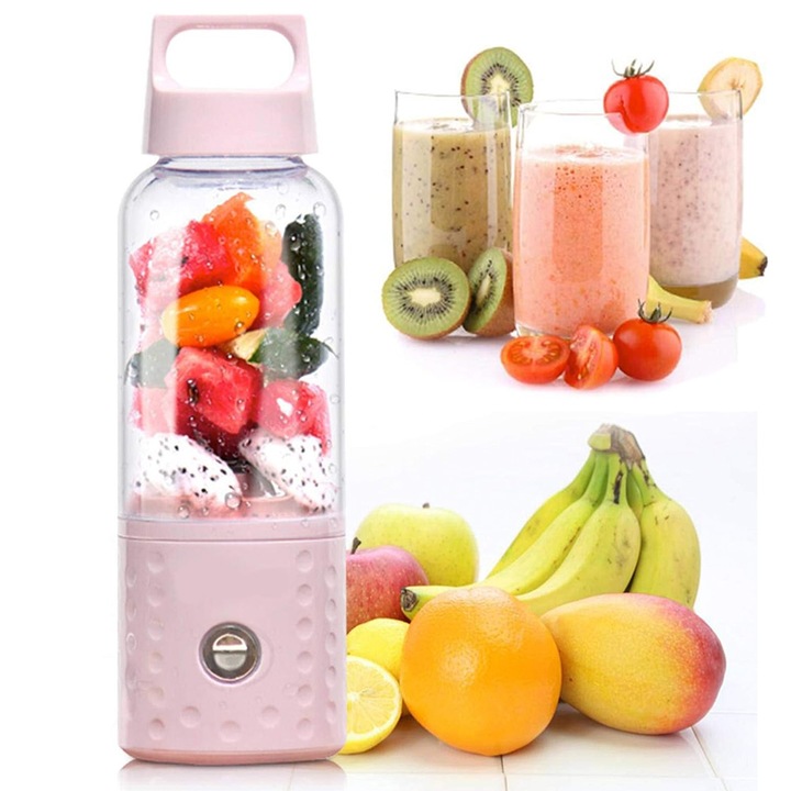 Hazelnut, Hordozható turmixgép, 500ml, 4 pengével, USB tölté, HA021, Rózsaszín