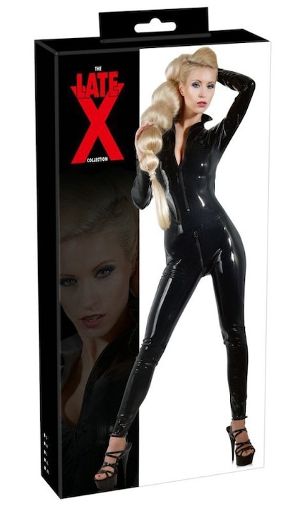 Costum sexy erotic Late X, latex, cu doua fermoare, negru, 2XL