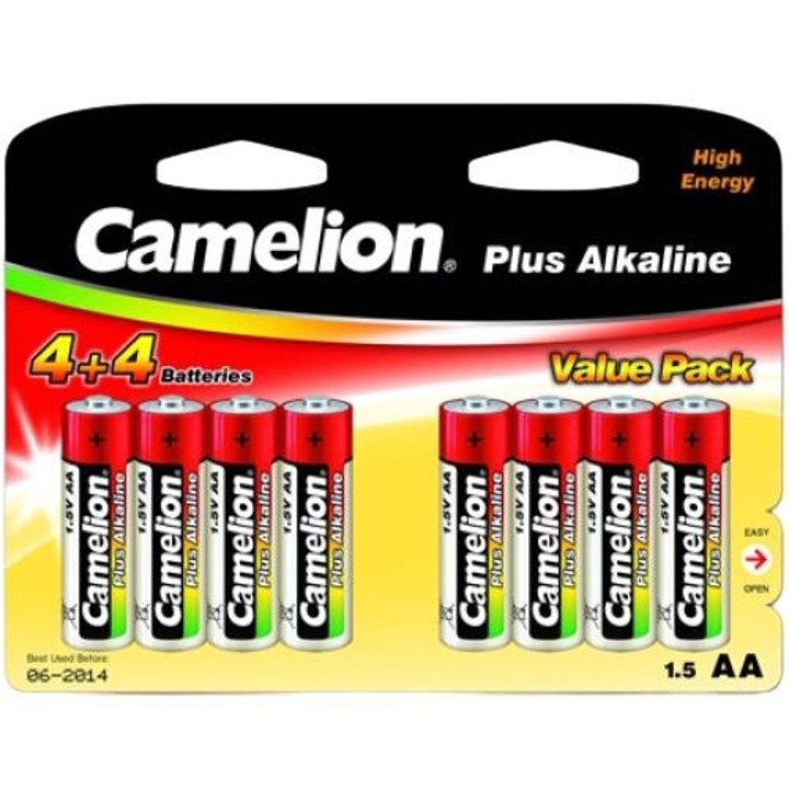 Set 8 baterii Plus Alkaline, Camelion, 1.5 V, AA / LR6, Multicolor