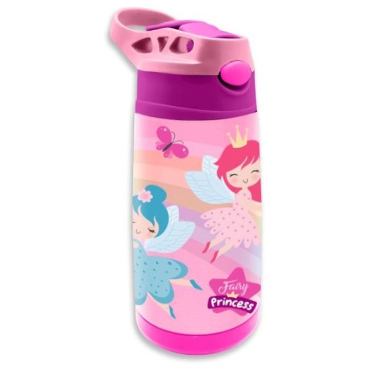 Sticla de apa pentru copii, Euroswan, Metal/Cauciuc, Roz, 400 ml