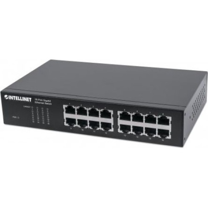 Gigabit Ethernet превключвател за 19" шкаф / десктоп, Intellinet, 16 x RJ45, 215 x 133 x 44 mm, черен