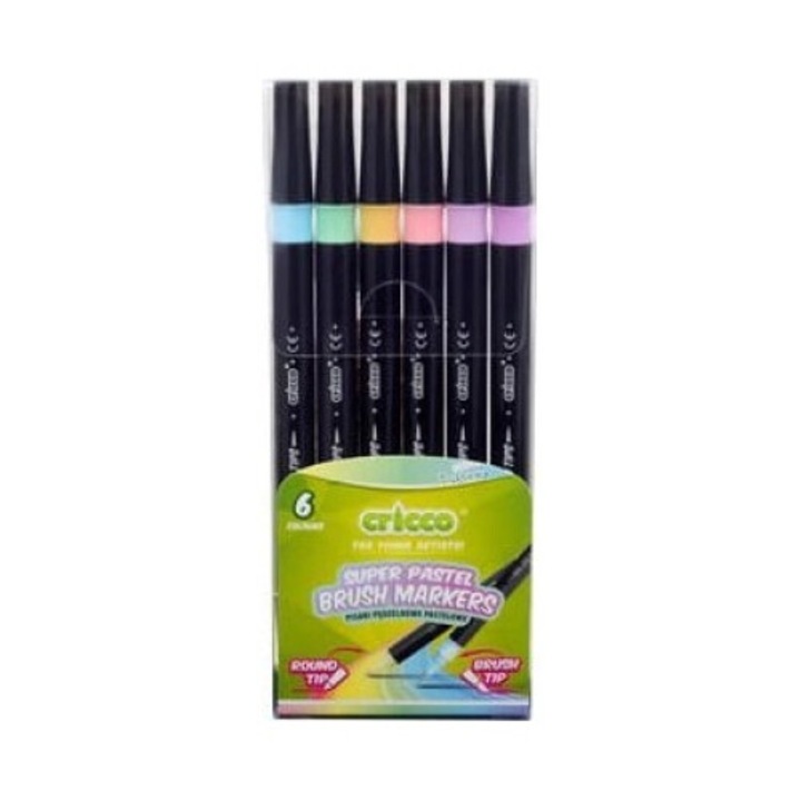 Carioci tip pensula cu doua fete, pastel, Cricco, 6 culori