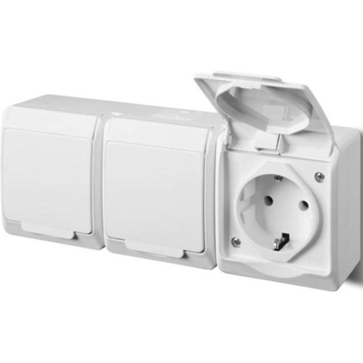 Priza tripla cu capac, Elektro-Plast HERMES, ABS, 3 x 2P+Z, IP44, 16 A, 250 V, 75 x 195 mm, Alb