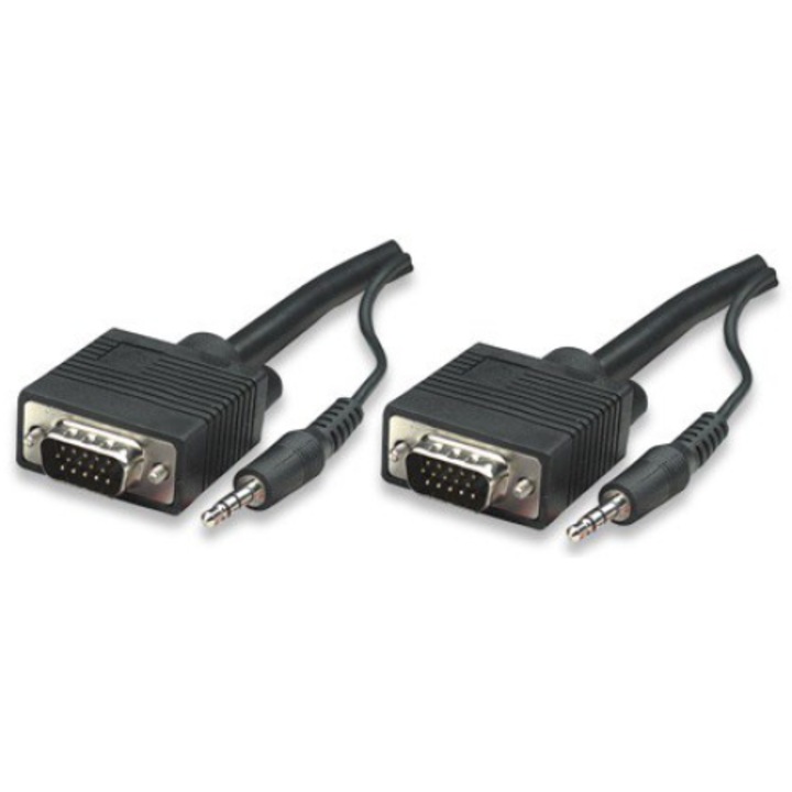Set 2 cabluri pentru conectarea computerului sau notebook-ului la un monitor cu difuzoare incorporate, Manhattan, SVGA, 15 m, 10 m, Negru