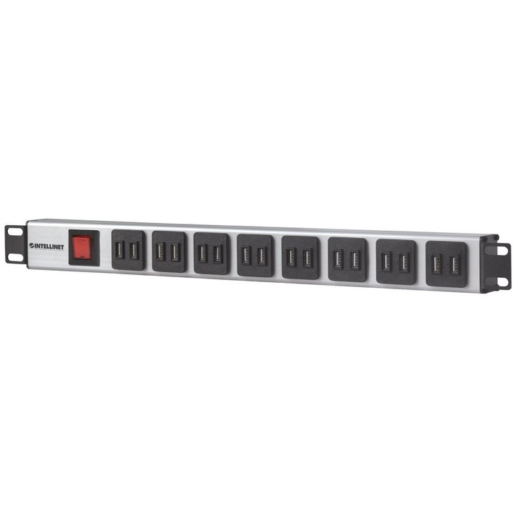 Гнездо за метален шкаф, Intellinet, 1U, 8 x USB-A, 19", Multicolor