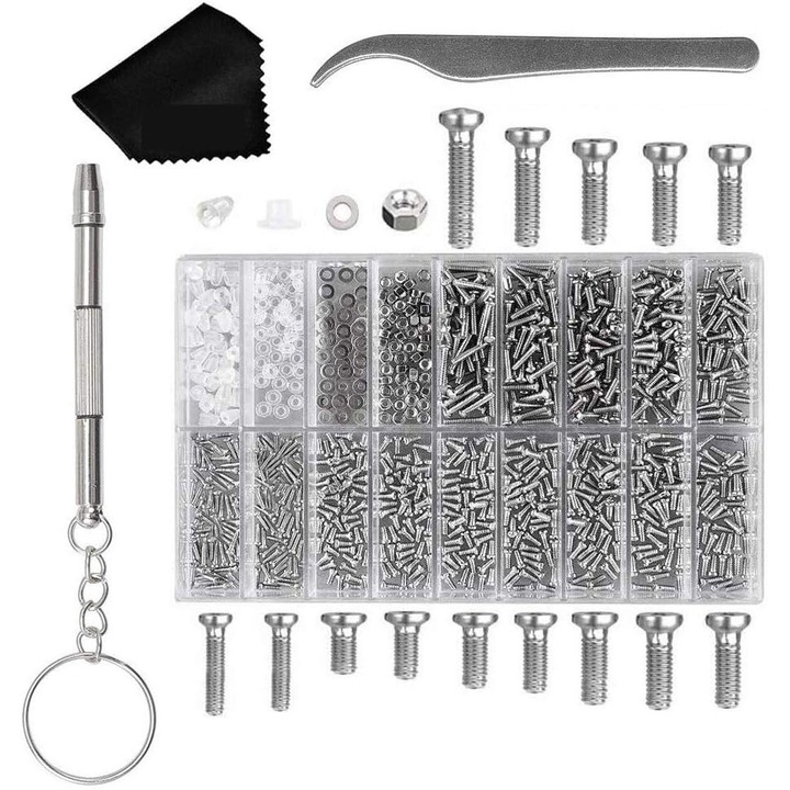 Комплект за ремонт на очила QttvbTna, 1000 части винтове и гайки, магнитна отвертка, пинсети, кърпа, кутия за съхранение