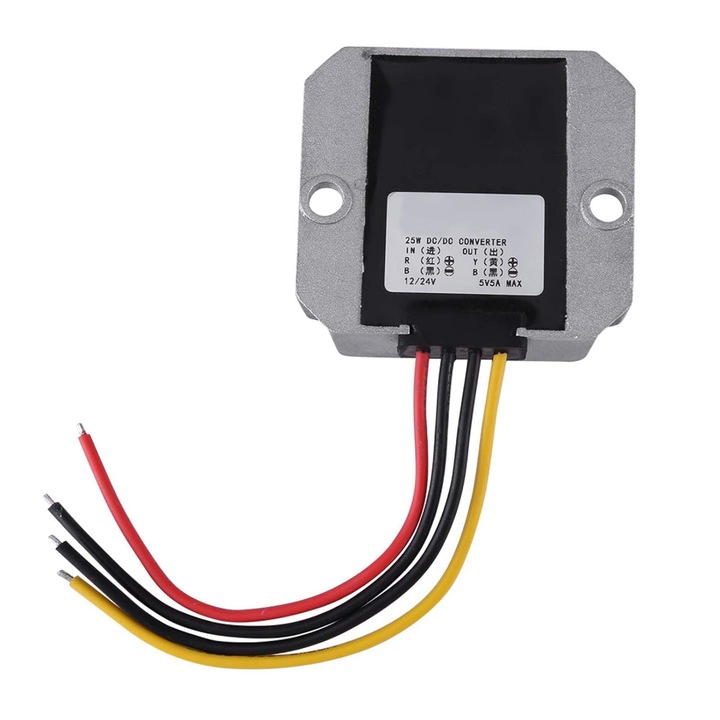 QttvbTna autós feszültségátalakító, 12V/24V-5V, 5A, 25W, hatásfok 96%, 66x60x22mm