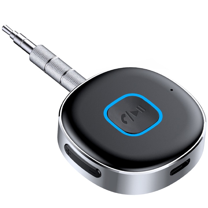 Bluetooth vevő 3,5 mm, 5,0, fekete, mérete 4x4x1 cm, készlet Type-C kábellel és 3,5 mm-es csatlakozóval