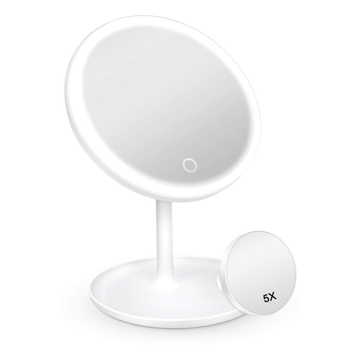 Козметично огледало, Пластмаса, LED, 5x увеличение, Бяло