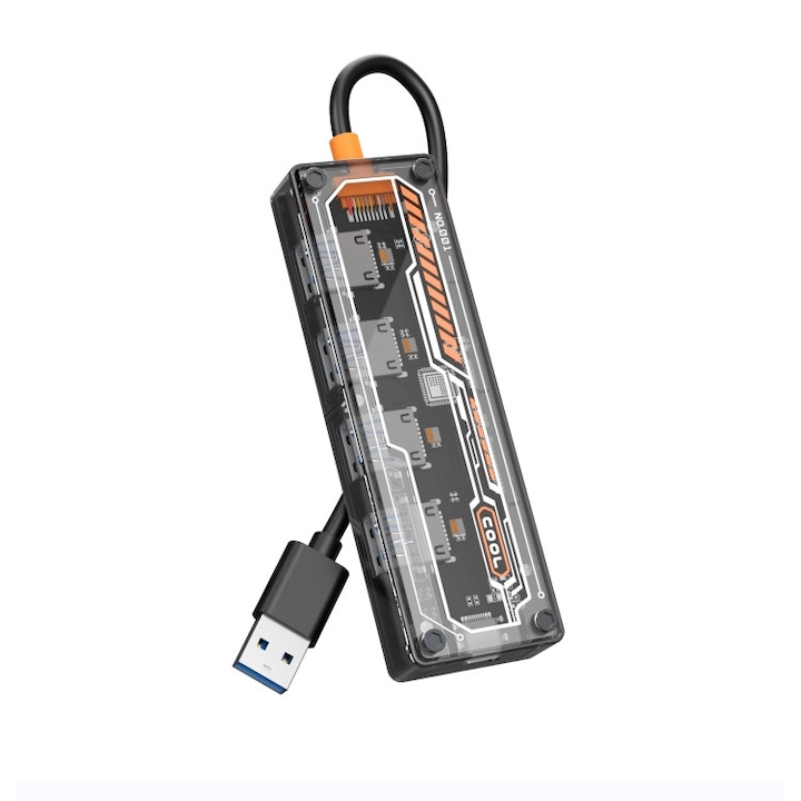 Többfunkciós bővítő hub öt bemenettel - USB3.0 *4, USB-C, átlátszó kialakítás, gyorstöltés 100 W, fekete