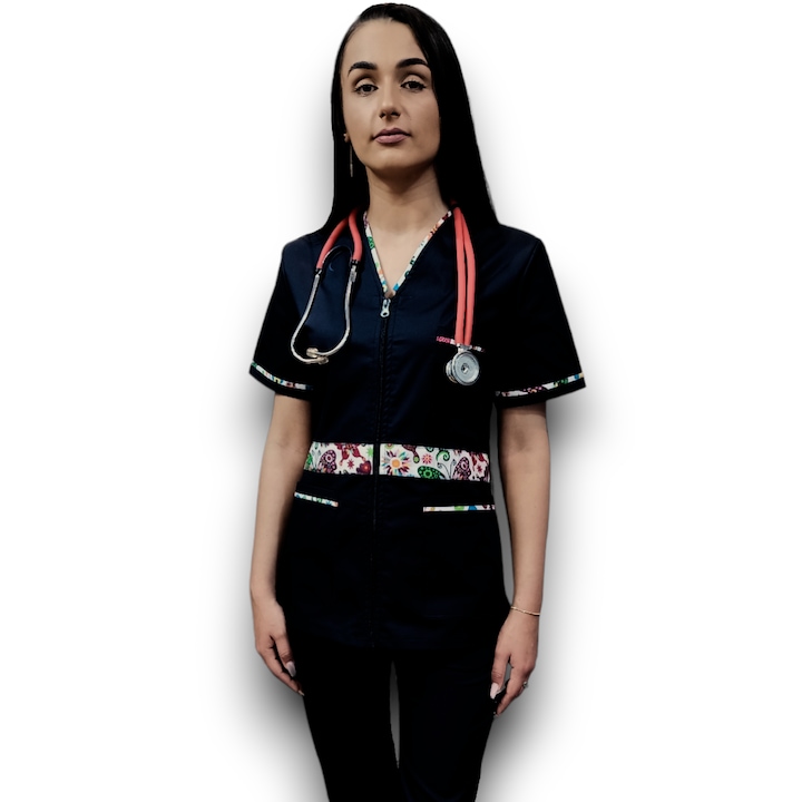 Halat medical Premium Flex din tercot elastic negru cu insertie florala, Marimea 54, Colectia Halatul meu, AMA Medical Scrubs