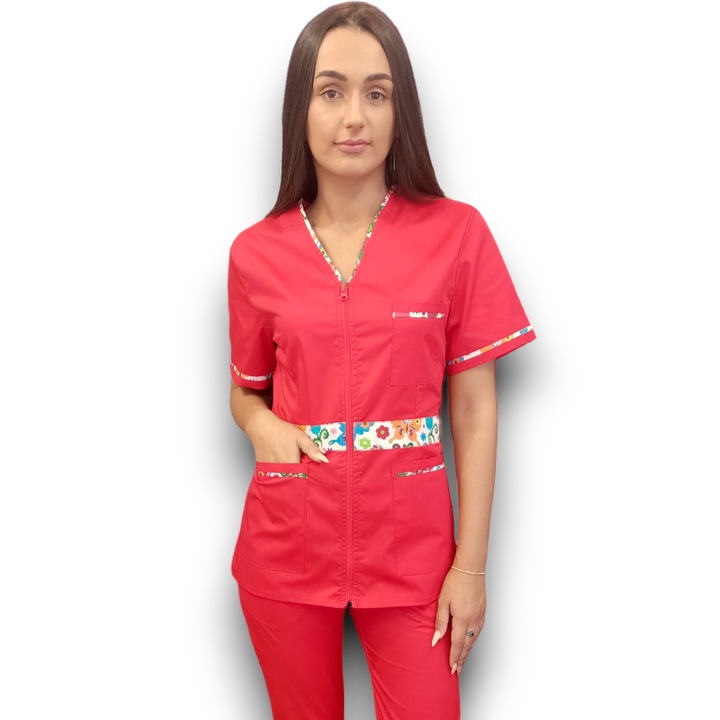 Halat medical Premium Flex din tercot elastic rosu, cu insertie florala, Marimea 54, Colectia Halatul meu, AMA Medical Scrubs