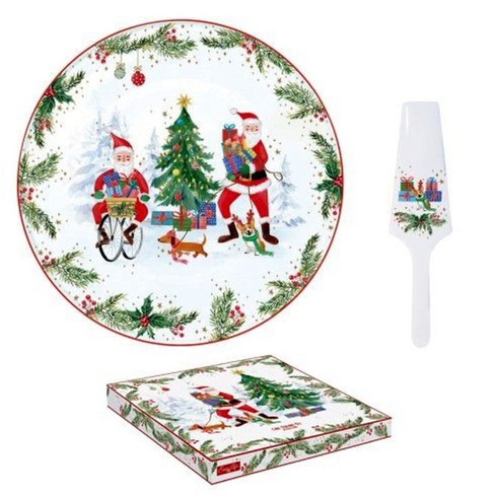 Porcelán tortatál lapáttal, 32cm, dobozba, Joyful Santa