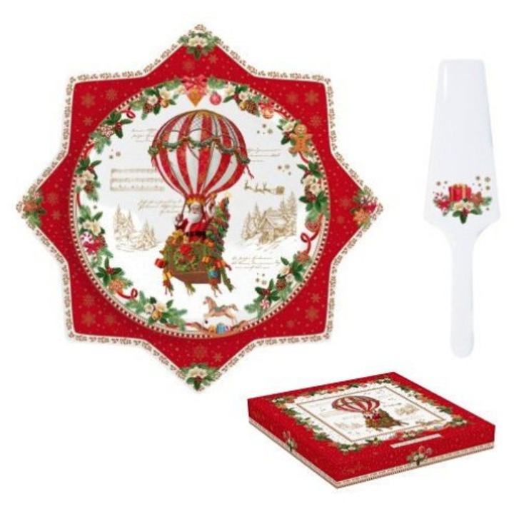 Porcelán tortatál, lapáttal 32cm, dobozban, Christmas Memories