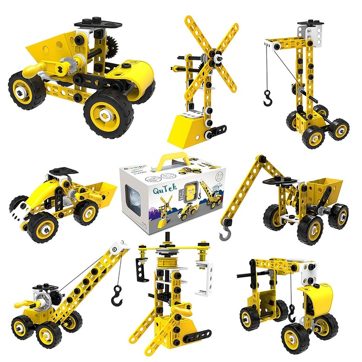 STEM CREATOR Образователен комплект 8 в 1 коли играчки, строителни превозни средства, разглобяем, с отвертка, инструкции и кутия за съхранение Qutek