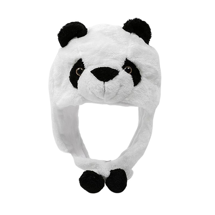 Caciula pentru copii, calduroasa, model ursulet panda hazliu, urechi lungi, tematica I’m a fancy little bear, 3 – 12 ani, alba cu negru, EFAYN