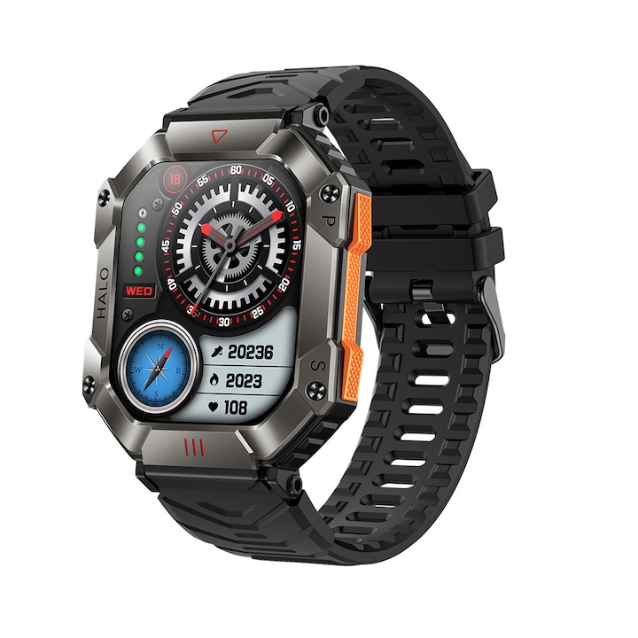 Férfi okosóra NUBI KR80, IPS kijelző, Bluetooth hívás, 650 mAh akkumulátor, Pulzus, Kalóriák, Vérnyomás, Távoli kamera, 100+ sportmód, Fekete