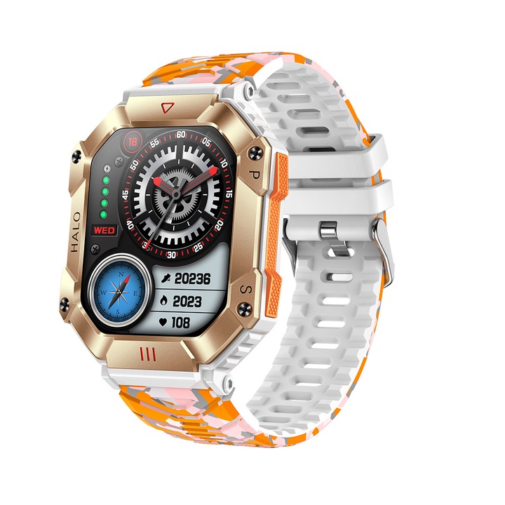 Férfi Okosóra NUBI KR80, IPS Kijelző, Bluetooth hívás, 650 mAh akkumulátor, Pulzus, Kalóriák, Vérnyomás, Távirányítós kamera, 100+ sportmód, Narancssárga terepminta