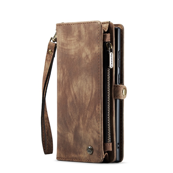 Калъф за Samsung Galaxy S22 Ultra, CaseMe, подвижен заден капак, кожен портфейл, с магнитна щипка, мултифункционален, отделяща се каишка за ръка, джобове за карти, пари, стойка, слушалки, ключове, кафяво