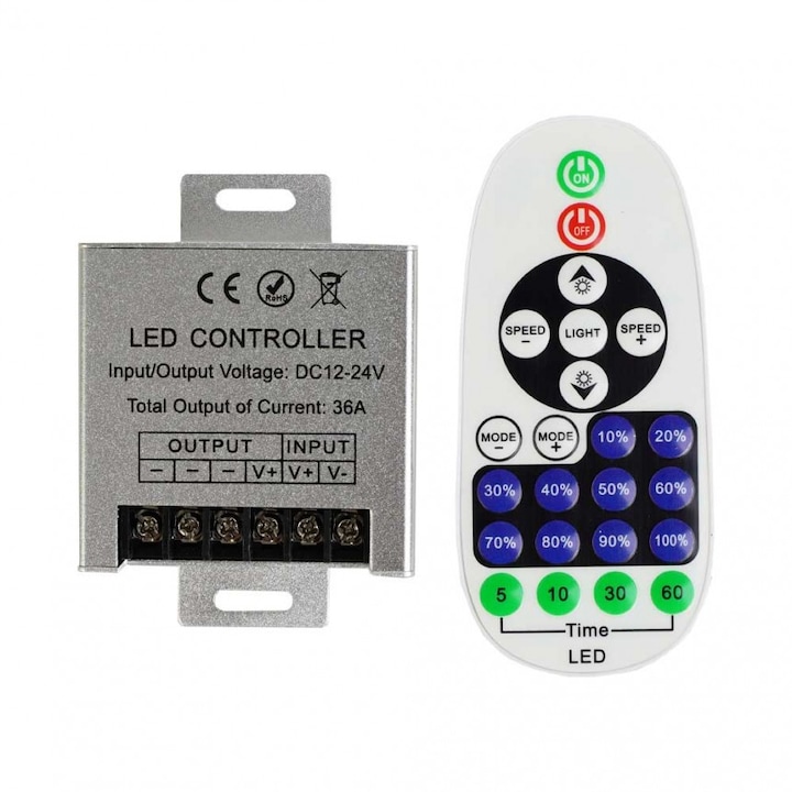 Радиочестотен контролер за едноцветна лента Lightex, С дистанционно управление, DC, 12-24V, 360W-720W