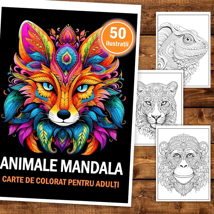 Книжка за оцветяване, 50 илюстрации, Mandala Animals, 106 страници
