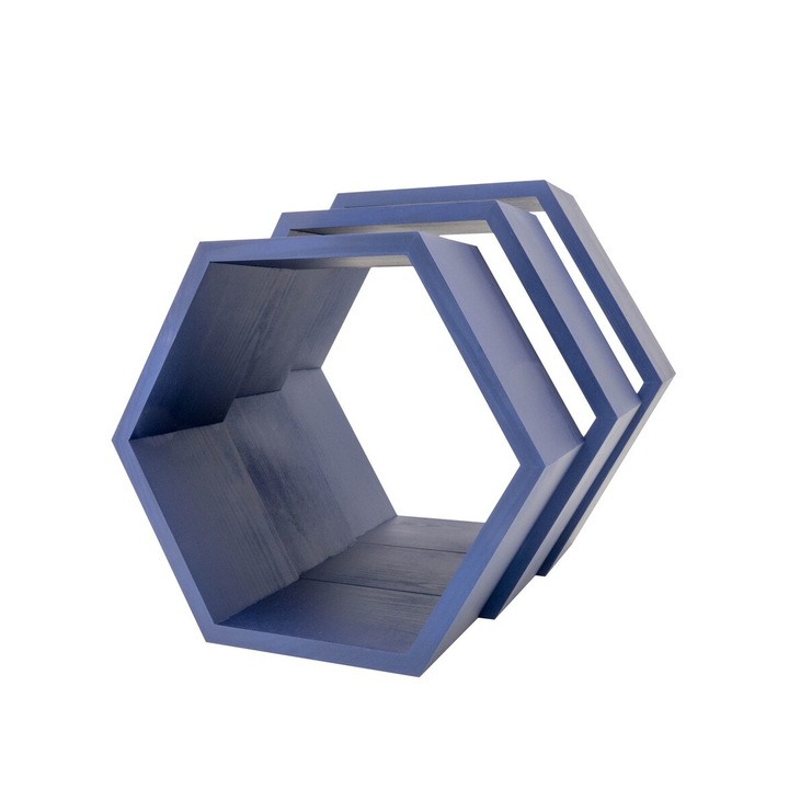 Set 3 rafturi de perete din lemn in forma hexagonala Carnival denim