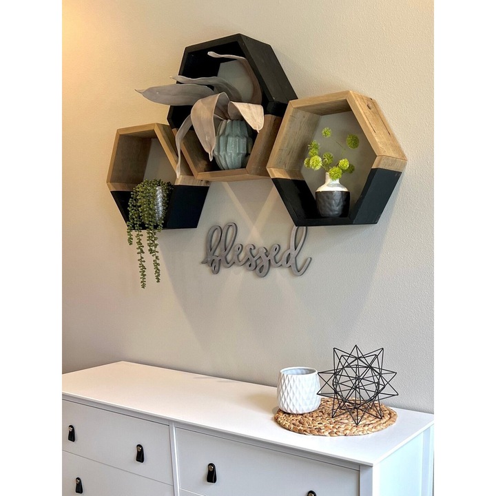 Set 3 rafturi de perete din lemn, in forma hexagonala, cu prindere ascunsa, 2Face, nuc/negru, 37, 5 x 32, 5 x 9, 5 cm