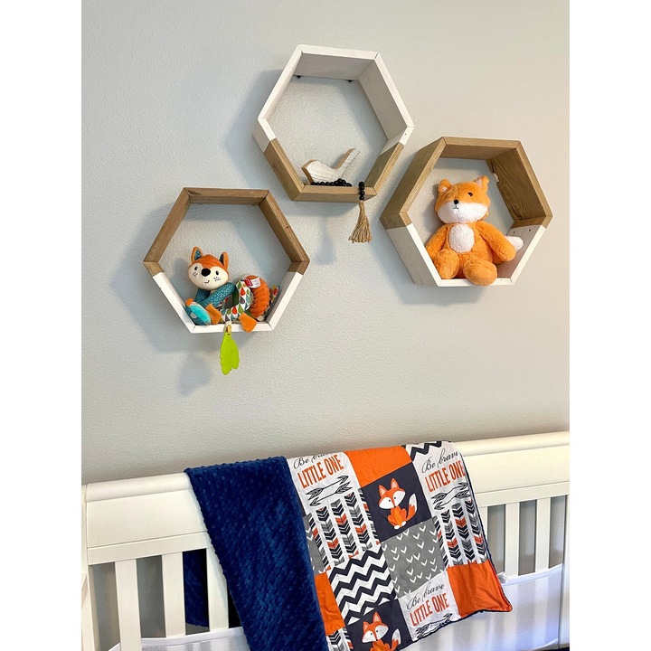 Set 3 rafturi de perete din lemn, in forma hexagonala, cu prindere ascunsa, 2Face, nuc/alb, 37, 5 x 32, 5 x 9, 5 cm