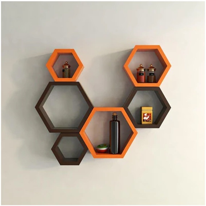 Set 6 rafturi de perete din lemn, in forma hexagonala, cu prindere ascunsa, Circus, orange/maro 37, 5 x 32, 5 x 9, 5 cm, 32, 5 x 28 x 9, 5 cm, 27, 5 x 24 x 9, 5 cm