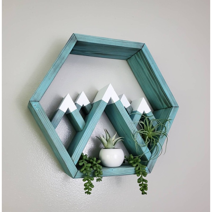 Raft de perete in forma hexagonala, Svalbard, 48x41x11.4 cm, albastru