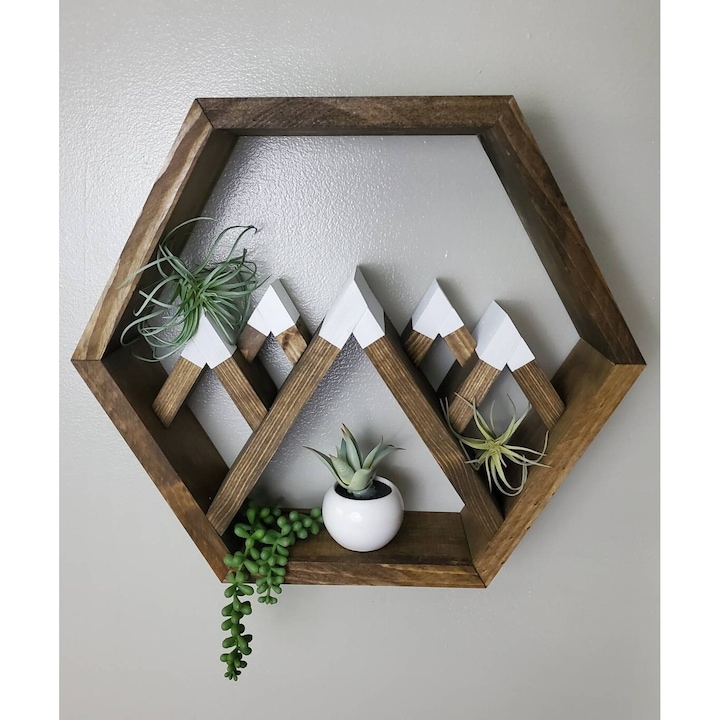 Raft de perete in forma hexagonala, Svalbard, 48x41x11.4 cm, palisandru