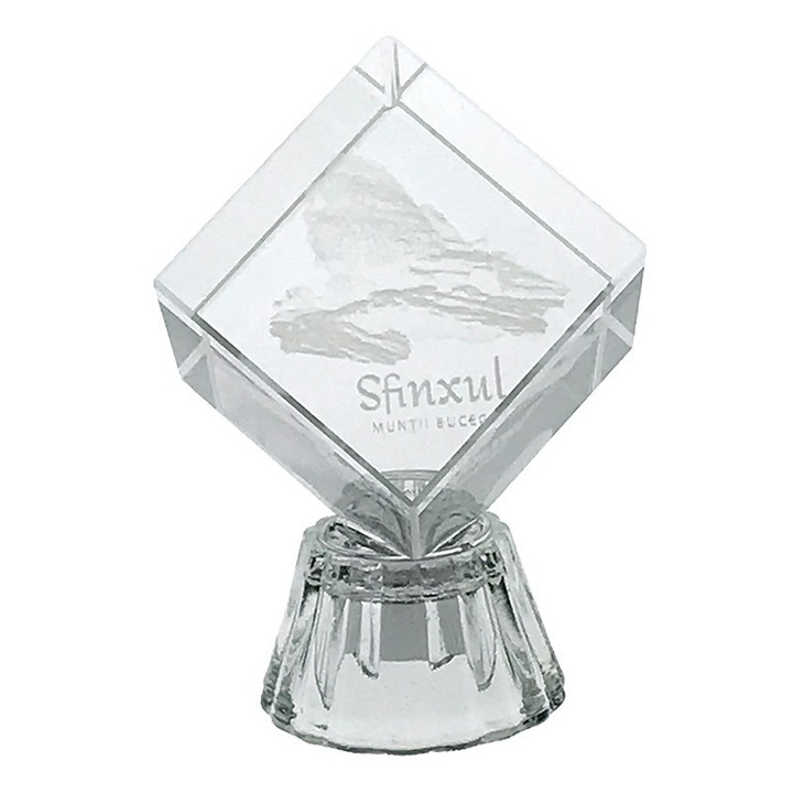 Cub din sticla cu led, Munti bucegi, 5x8cm, Transparent