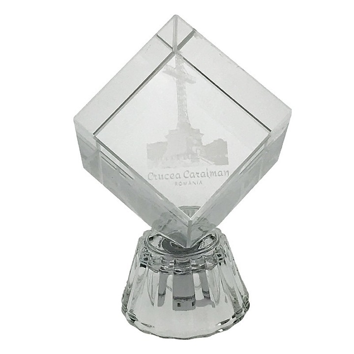 Cub din sticla cu led, Crucea Caraiman, 5x8cm, Transparent