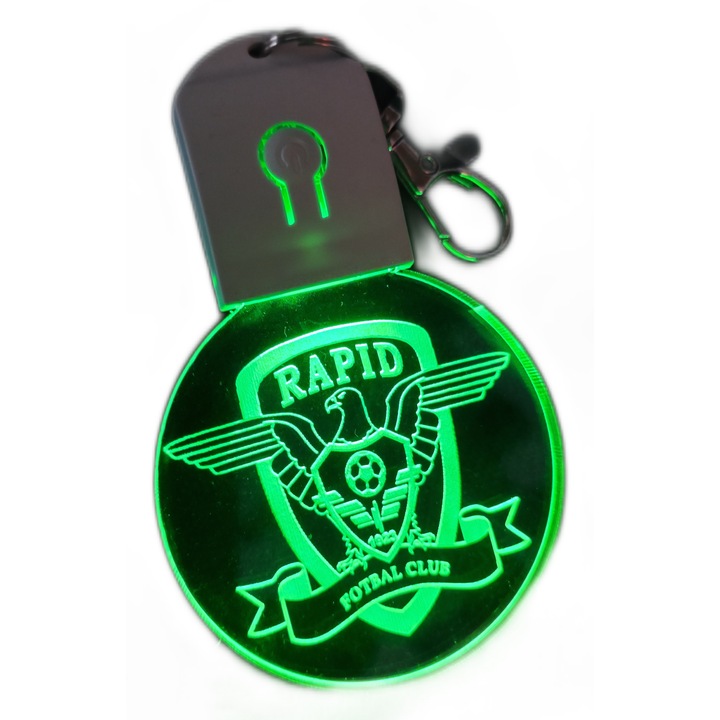 Breloc cu LED din acril Rapid Bucuresti FC, fotbal, cu baterie, rotund, multicolor