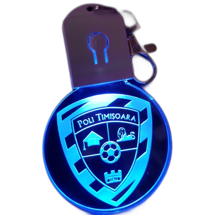 Breloc cu LED din acril Poli Timisoara, fotbal, cu baterie, rotund, multicolor