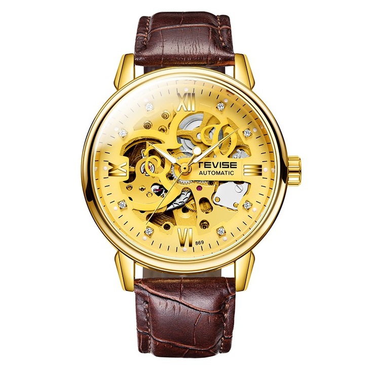 Ceas de mana barbatesc Tevise Mecanic Automatic Skeleton Elegant Luxury Fashion Analog Auriu
