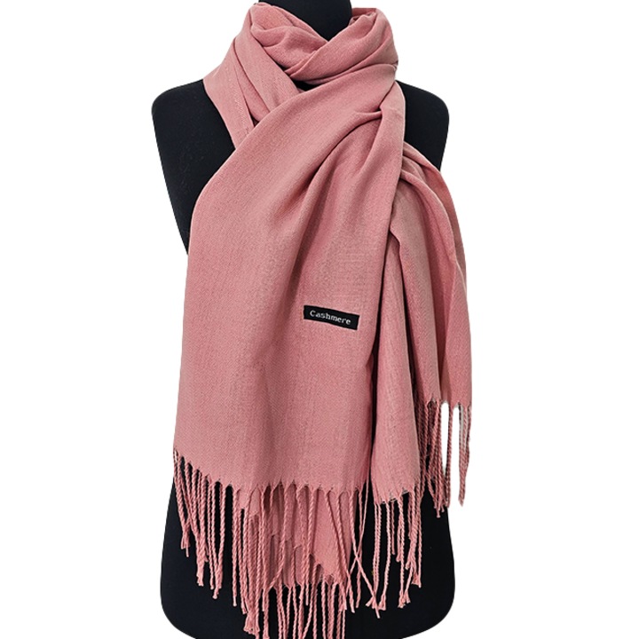 Esarfa tip sal Belladona, din material subtire, cu franjuri si emblema, Roz pal, 180x65