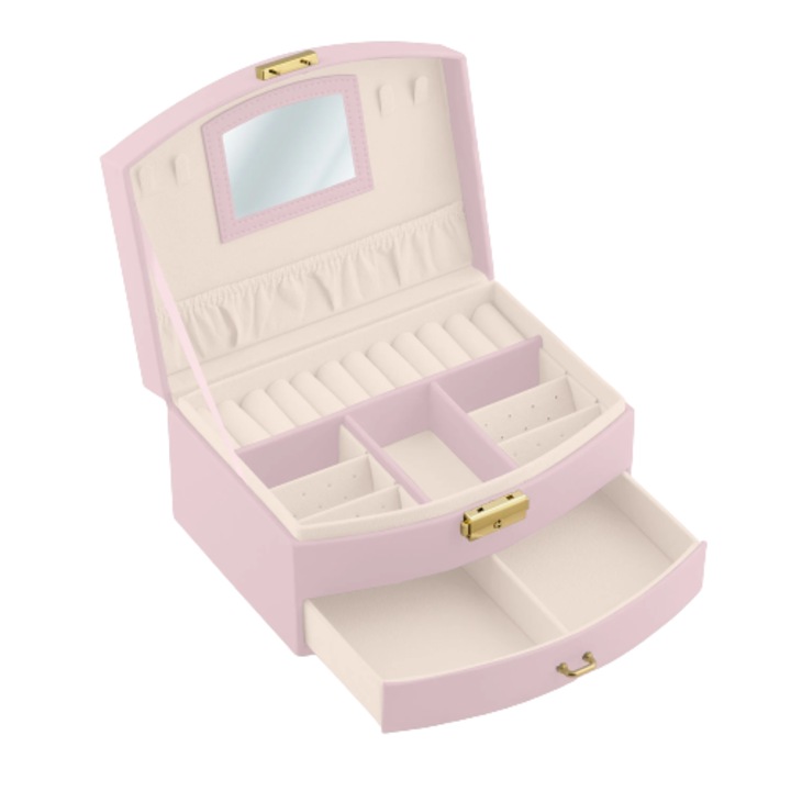 Кутия За Бижута DacEnergy©, Екологична Кожа, Дръжка За Носене, Огледало, Поставка За Пръстен, Отделение За Обеци, Ключ, 20.5x 13.5x 10.5 См, Розово