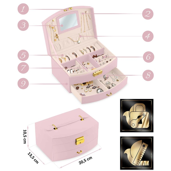 Кутия За Бижута DacEnergy©, Екологична Кожа, Дръжка За Носене, Огледало, Поставка За Пръстен, Отделение За Обеци, Ключ, 20.5x 13.5x 10.5 См, Розово