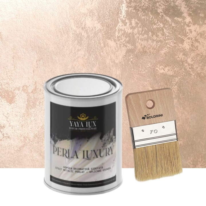 Vopsea decorativa de Lux, Perla Luxury cu Fulgi Perlati, Roz Prafuit, 1 L si Pensula 70 mm, YaYa Color