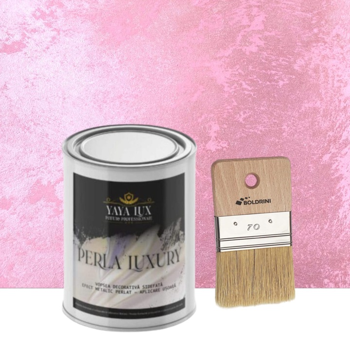 Vopsea decorativa de Lux, Perla Luxury Trandafir Roz cu Fulgi Perlati, 1 L si Pensula 70 mm, YaYa Color
