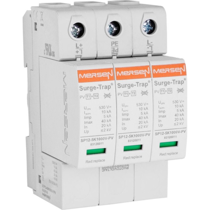 Отводител MERSEN STPT12-5K1000V-YPV, 3P, 5kA, 1060V, размери 90x54x76mm