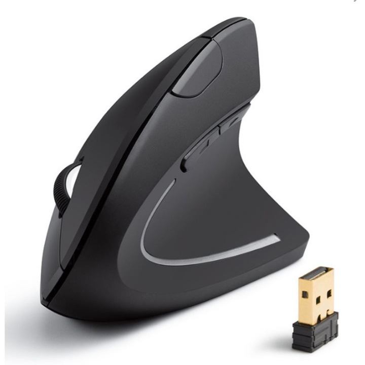 Függőleges egér, ergonómikus, vezeték nélküli 2.4G, professzionális optikai, 800/1200/1600 DPI, 5 gomb fekete