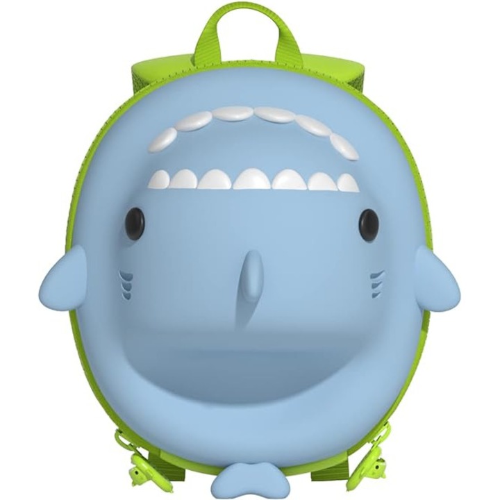 Rucsac Maison Misfits 15 3D Shark pentru Copii, cu Design de Rechin, potrivit pentru fete si baieti, Prescolari si Scolari, cu Carcasa Rigida - Albastru gri cu verde