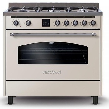 Aragaz rustic Vestfrost VC–993wnPBG, Mixt, 5 arzatoare, Wok, Gratare fonta, Timer, Autocuratare catalitica, Clasa A, 90 cm, Bej/Inox
