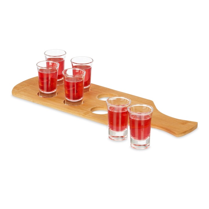 Set suport de bauturi din bambus cu 6 pahare tip shot, 40 ml, pentru bauturi alcoolice, maro
